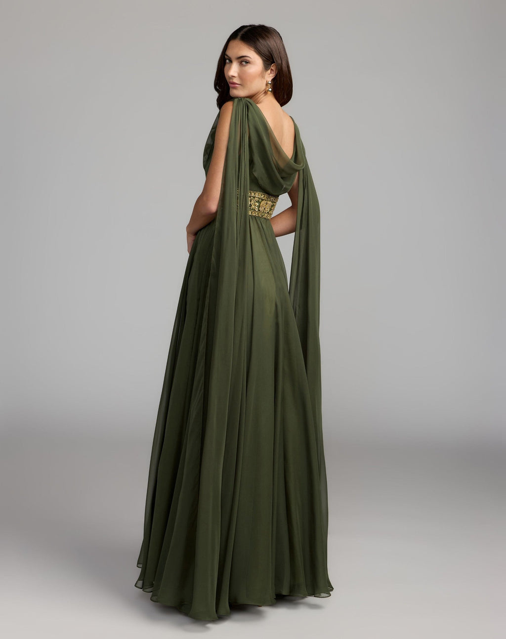 Olive Cowl Chiffon Gown With Embellished Waist