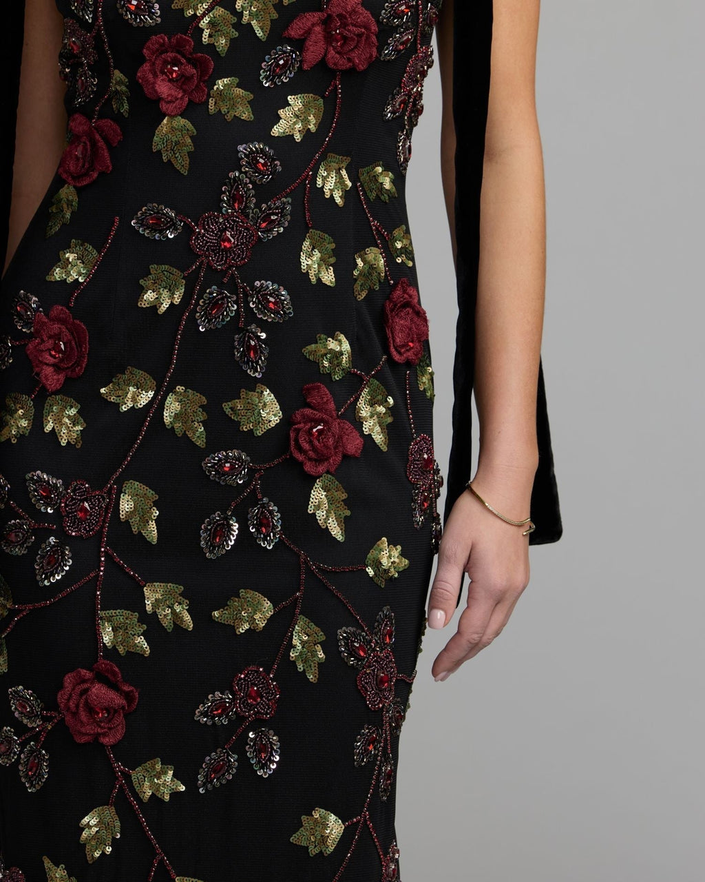 Black Red 3D Floral Embellished Gown With Velvet Bows