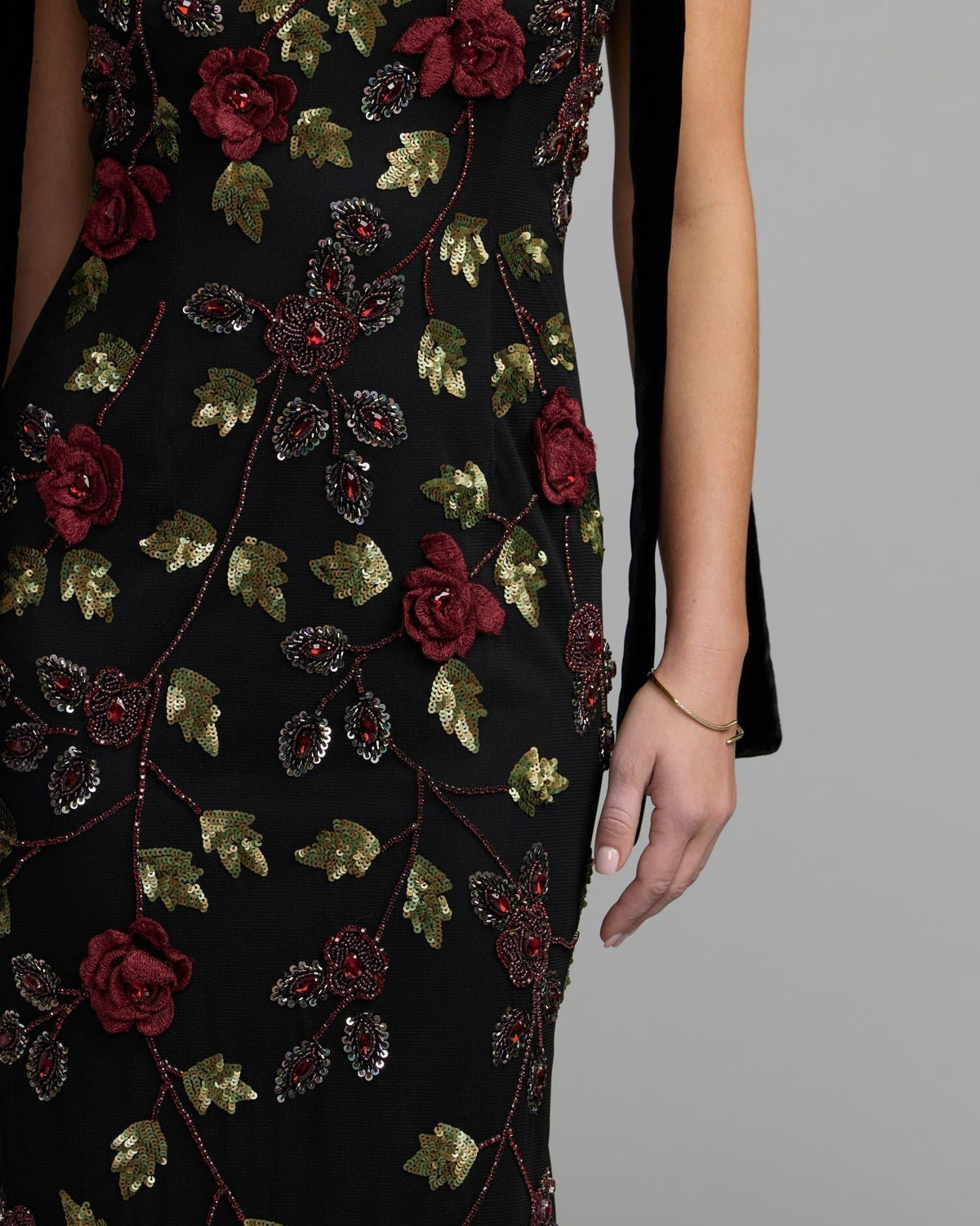Black Red 3D Floral Embellished Gown With Velvet Bows