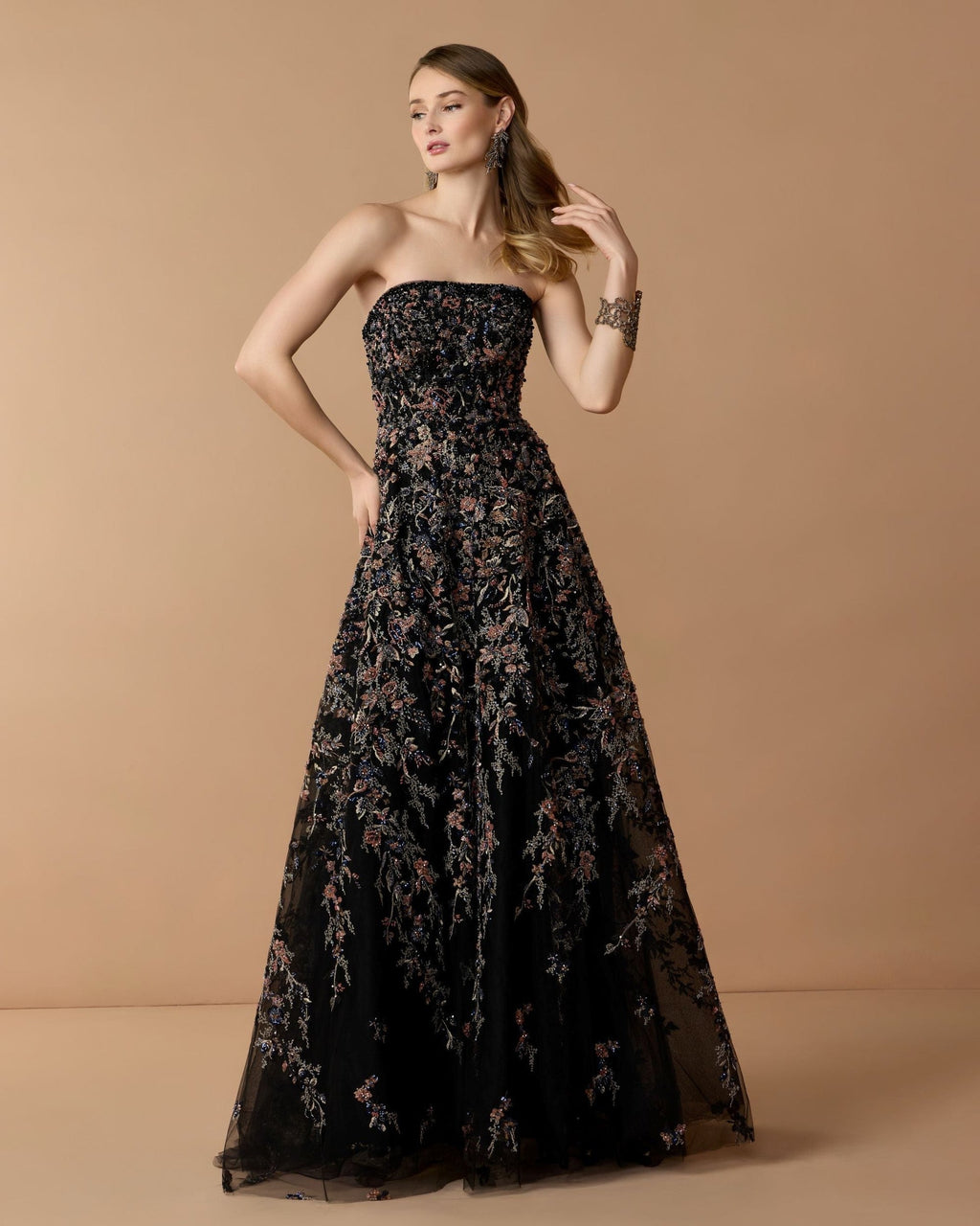 Black Multi Strapless Floral Embroidered A-Line Gown