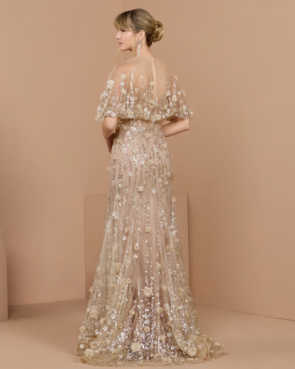Almond Embellished Cape Sleeve Evening Gown