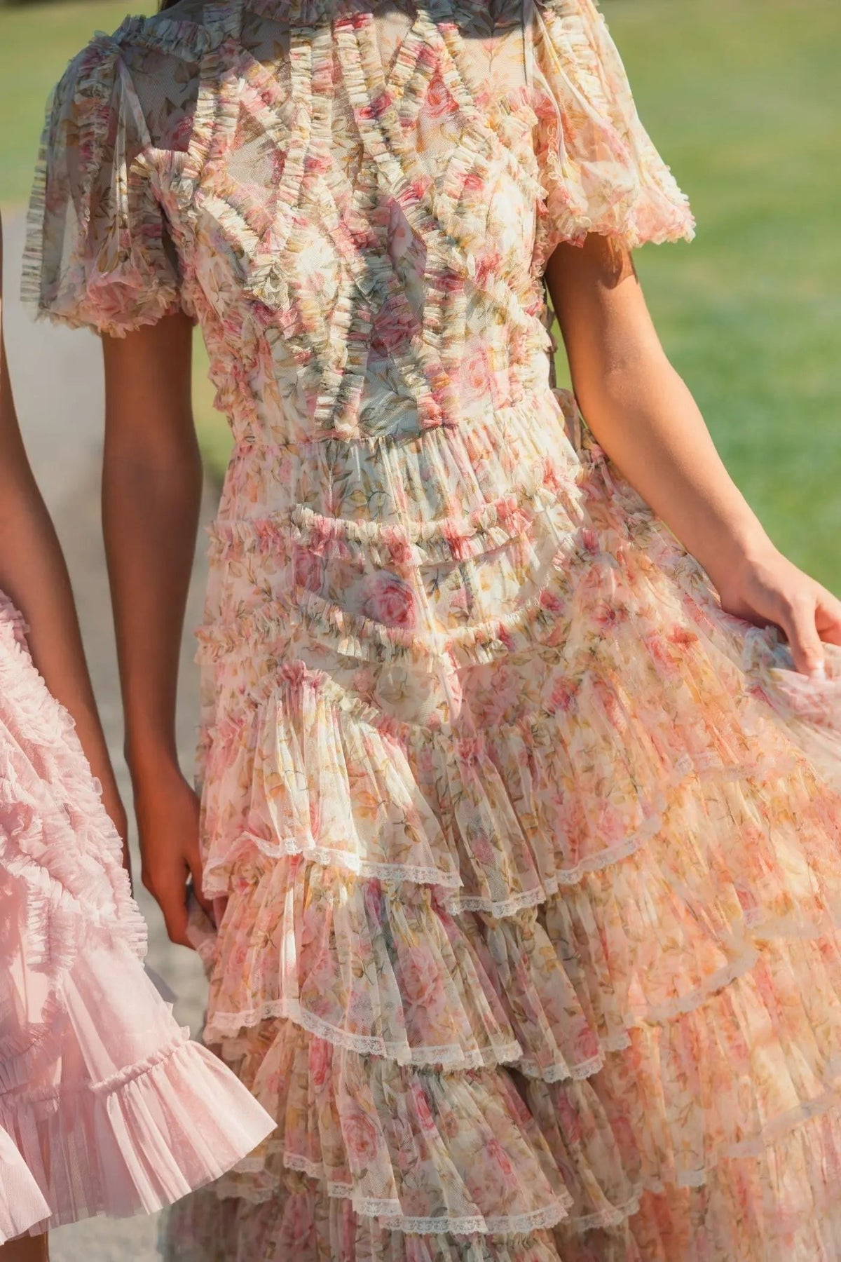 Beige Floral High Neck Midi Dress with Lace Trim