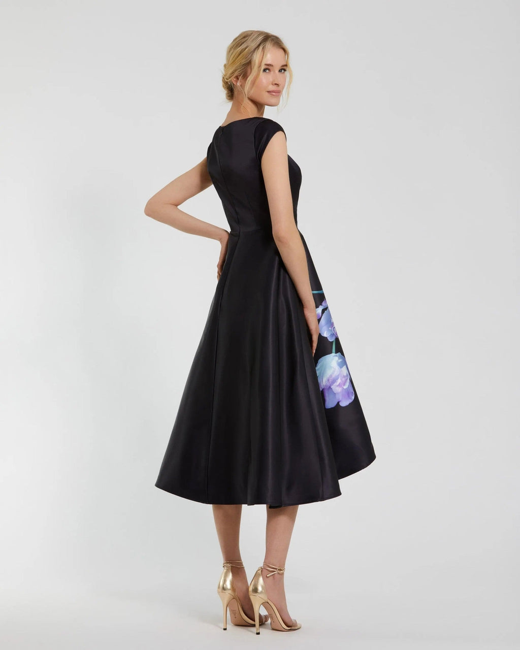 Petite Black Multi Satin Cap Sleeve Midi Dress With Floral Print