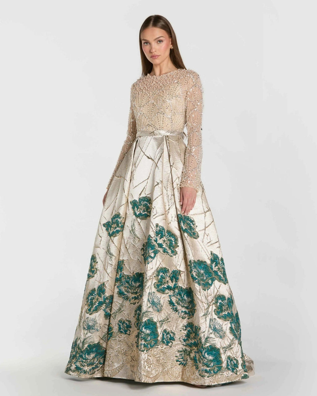 Champagne Teal Long Sleeve Embellished Floral Brocade Ball Gown