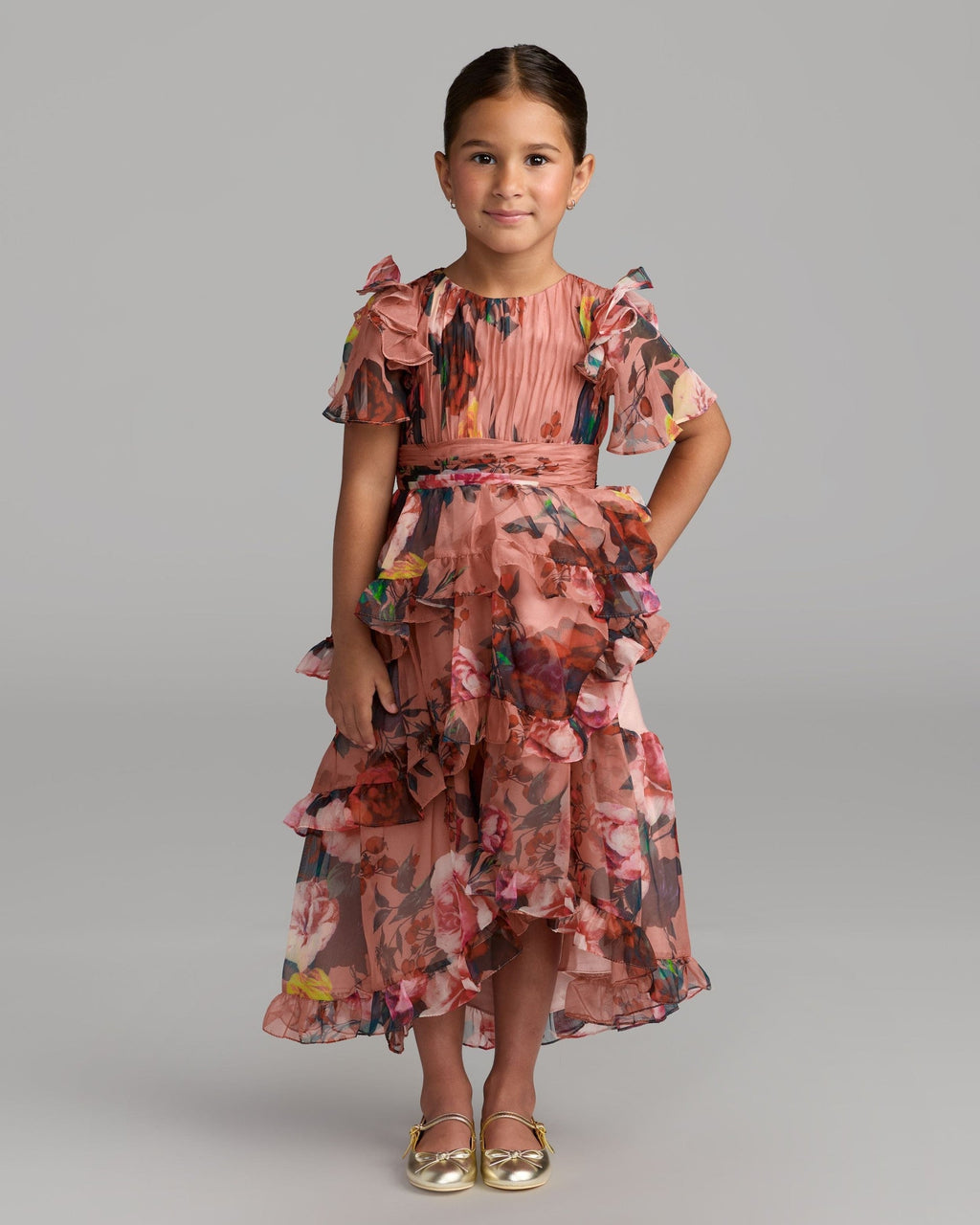 Girls Rose Multi Floral Chiffon Tiered Ruffle Dress