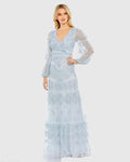 Blue Sequined Tiered Wrap Over Puff Sleeve Gown
