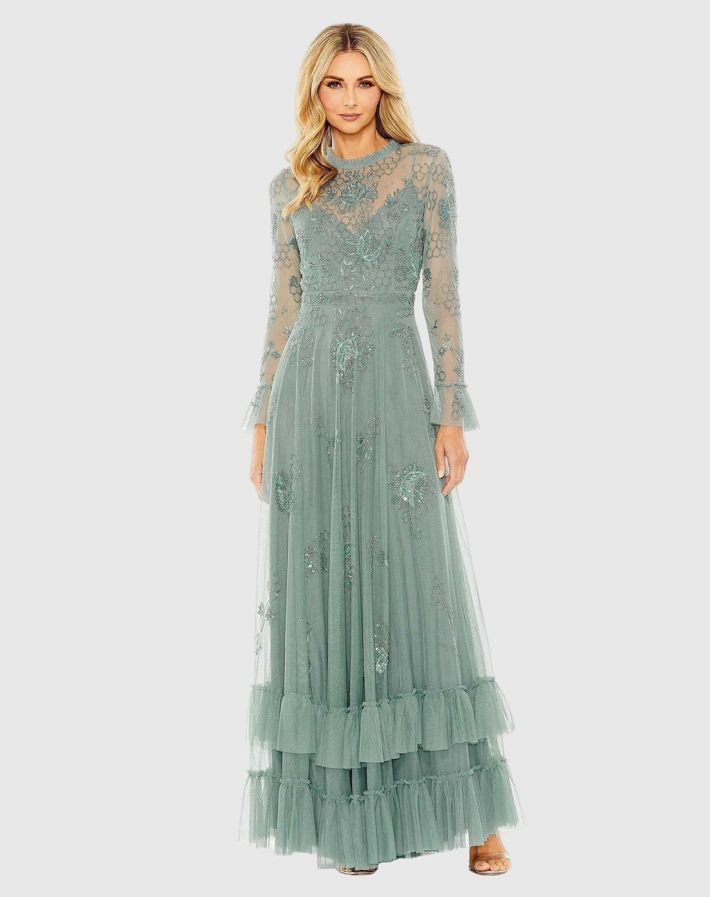 Petite Green Embellished Long Sleeve Ruffle Gown