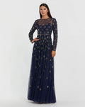 Midnight Long Sleeve Crystal Embellished Evening Gown