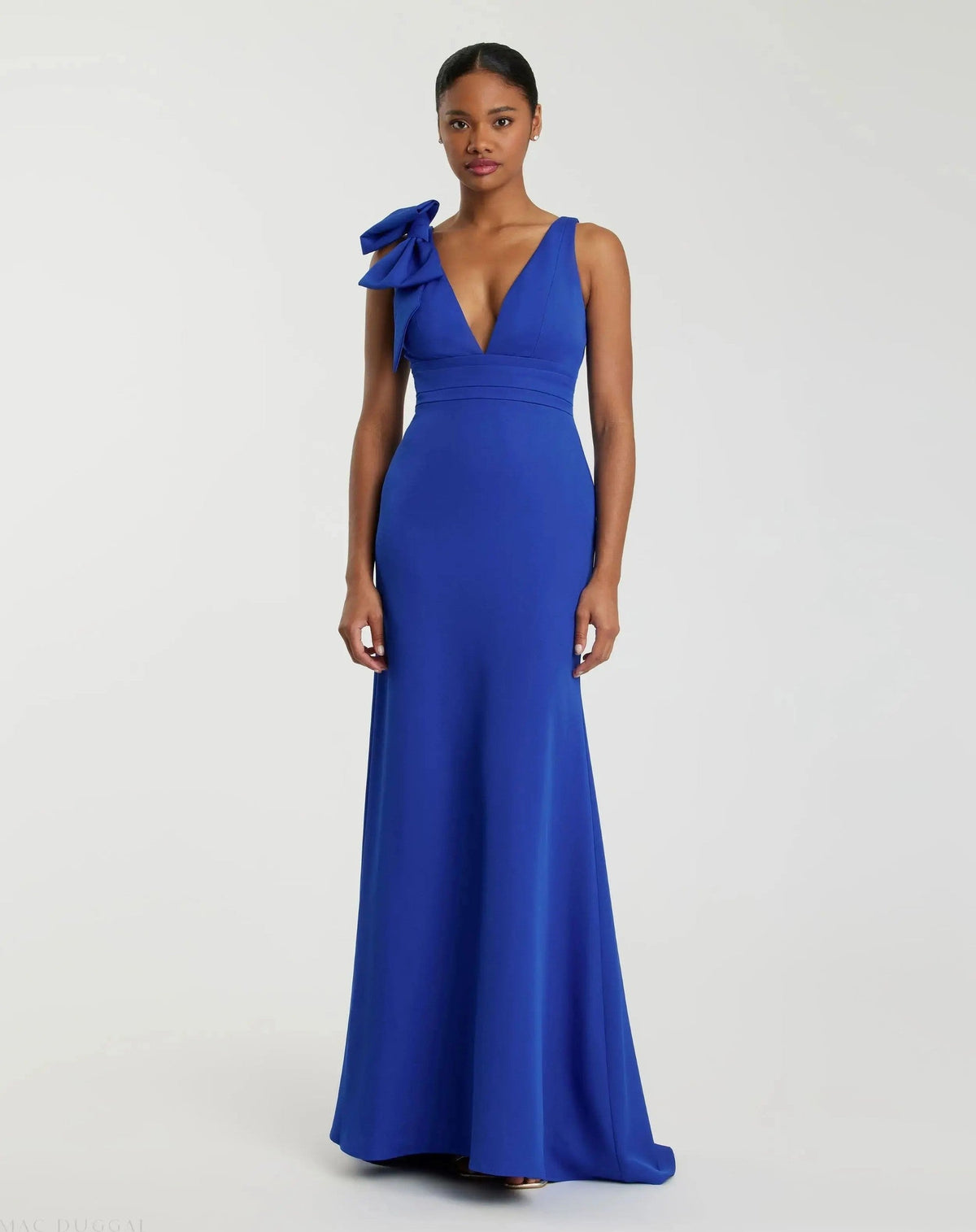 Royal Blue Sleeveless V Neck Bow Detail Mermaid Gown