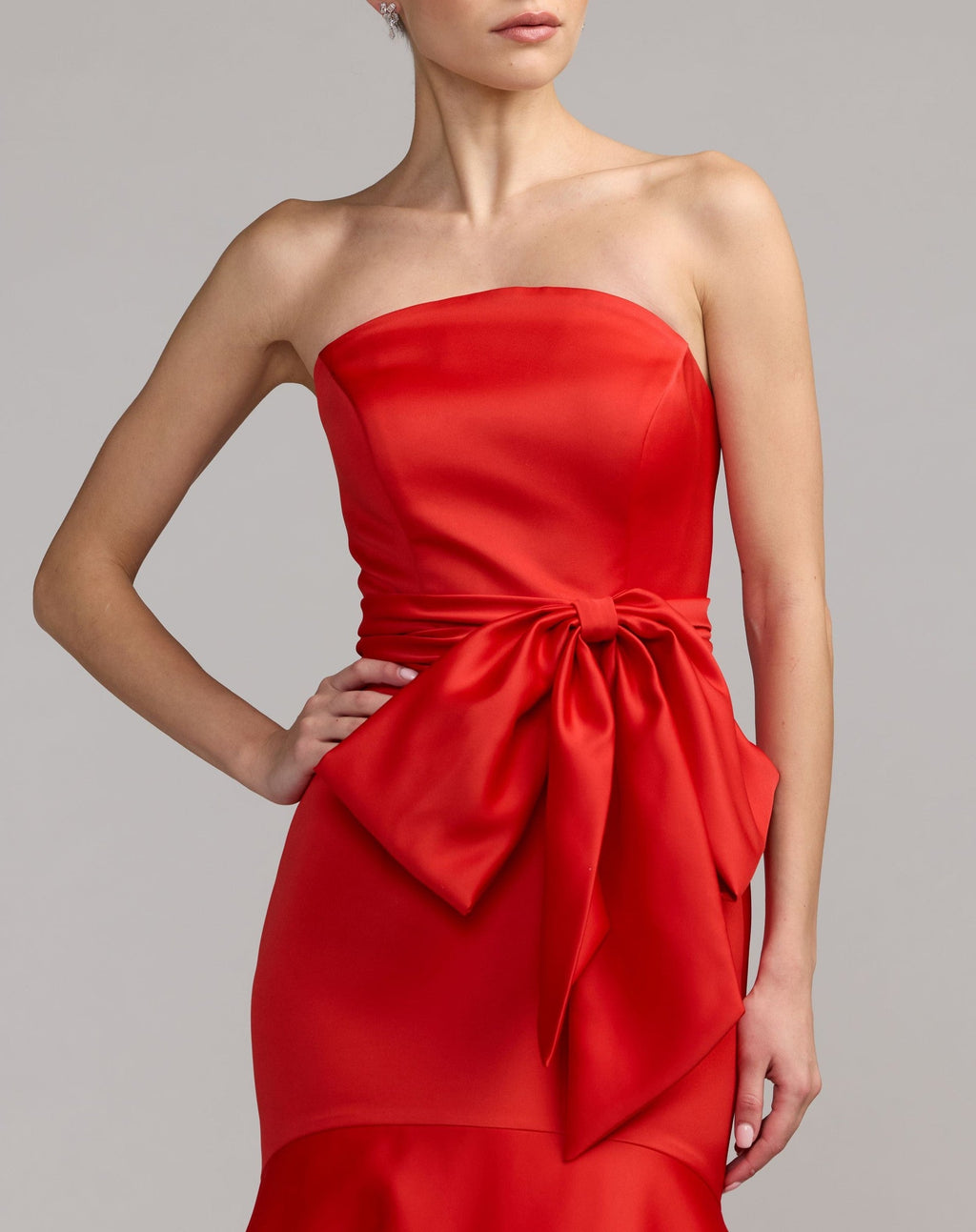 Red Strapless Satin Mermaid Gown with Oversize Bow