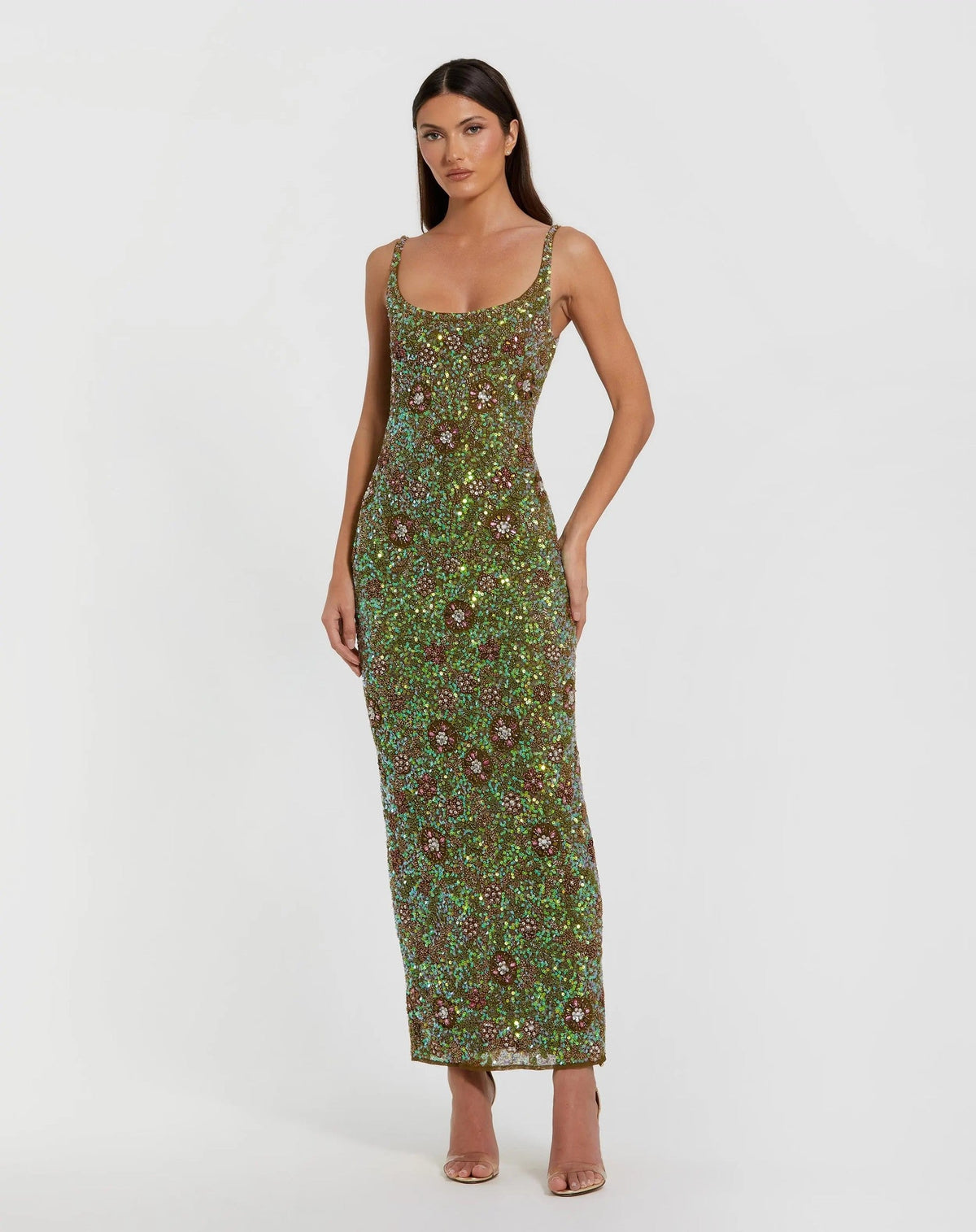 Olive Sleeveless Hand Embellished Floral Maxi Dress