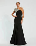 Petite Black One Shoulder Trumpet Gown With Crystal Flower
