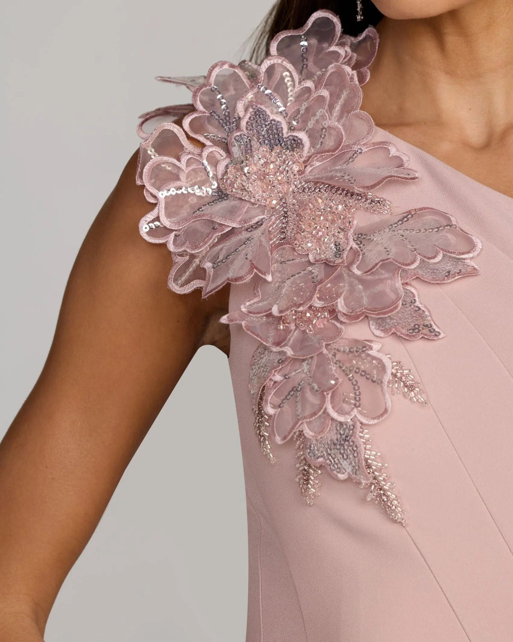 Rose One Shoulder Floral Appliqué Crepe Midi Dress