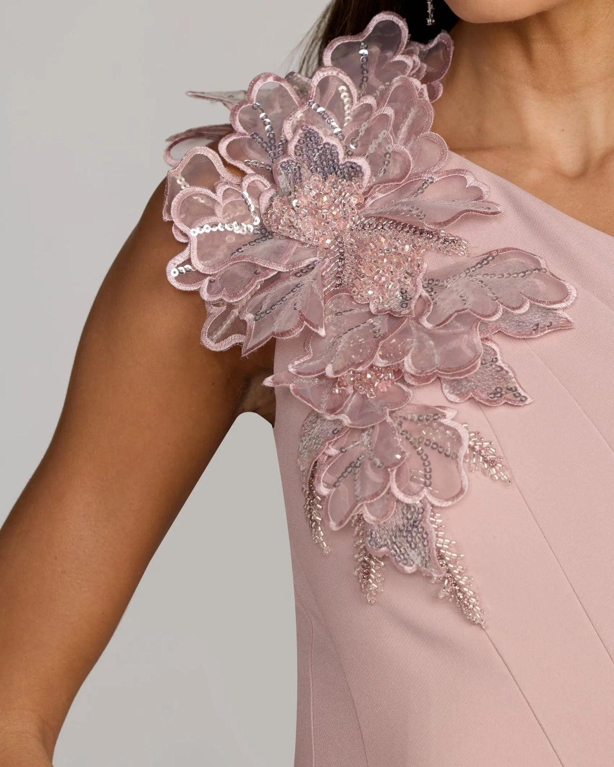 Rose One Shoulder Floral Appliqué Crepe Midi Dress