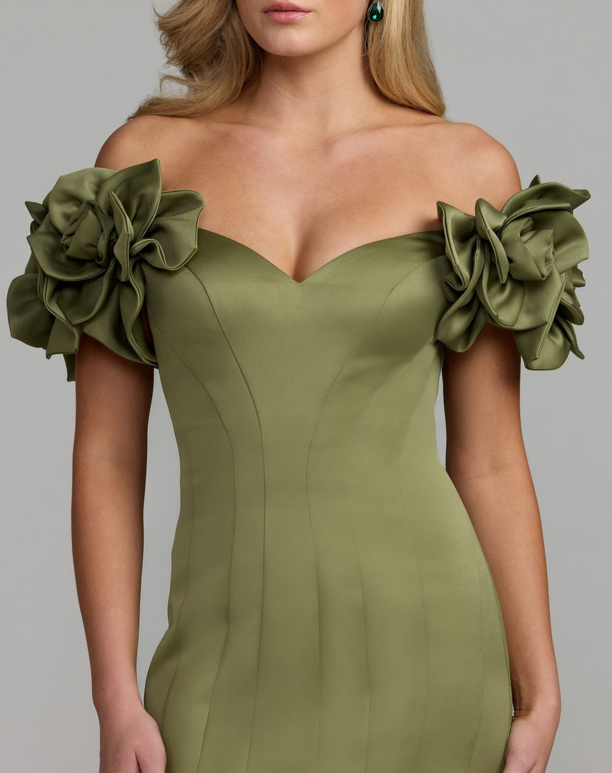 Pear Off The Shoulder Gown With 3D Floral Sleeves