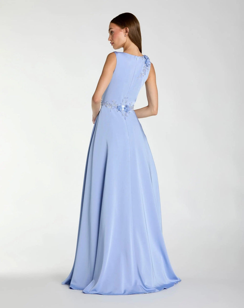 Powder Blue Floral Applique Sleeveless A-Line Gown
