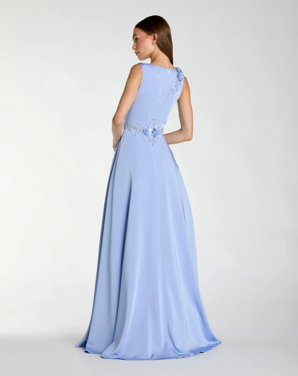 Powder Blue Floral Applique Sleeveless A-Line Gown