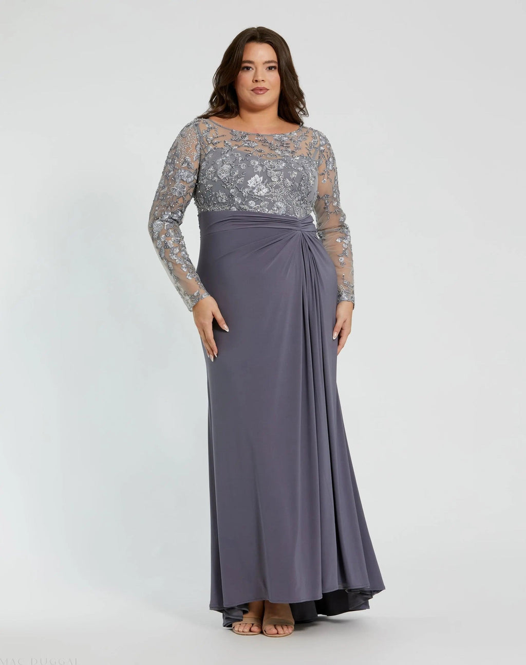 Gray Embroidered Top Jersey Skirt Gown (Plus)