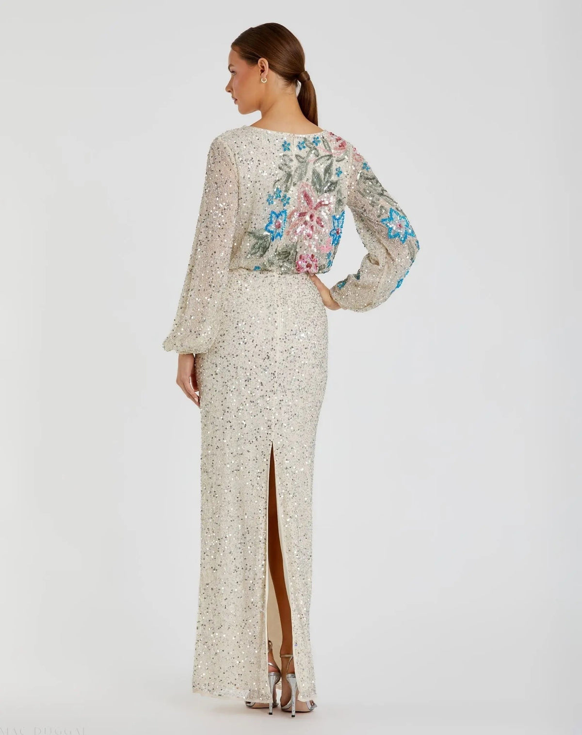 Beige High Neck Long Sleeve Sequin Evening Gown