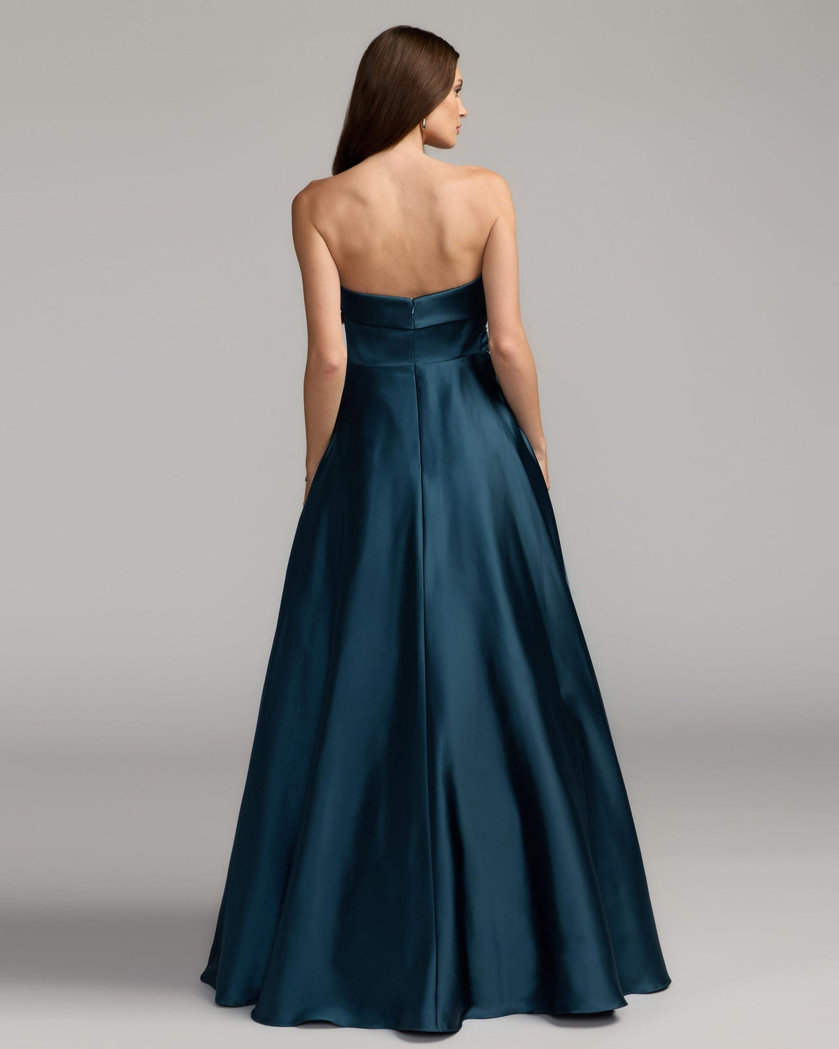 Navy Strapless Draped Satin Ball Gown