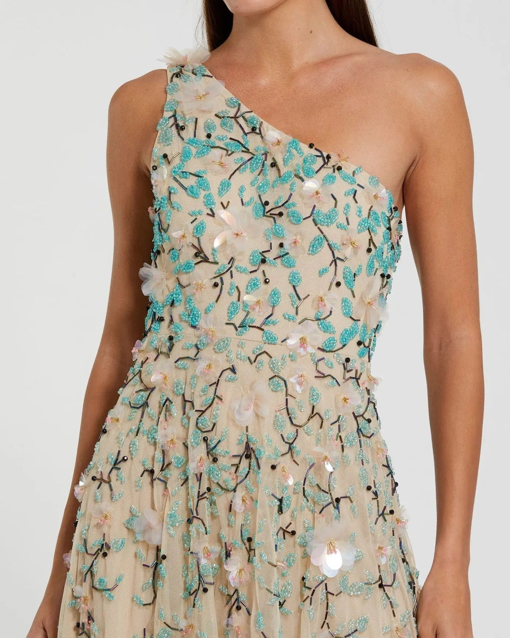 Nude Multi Floral Embellished One Shoulder Midi Dress
