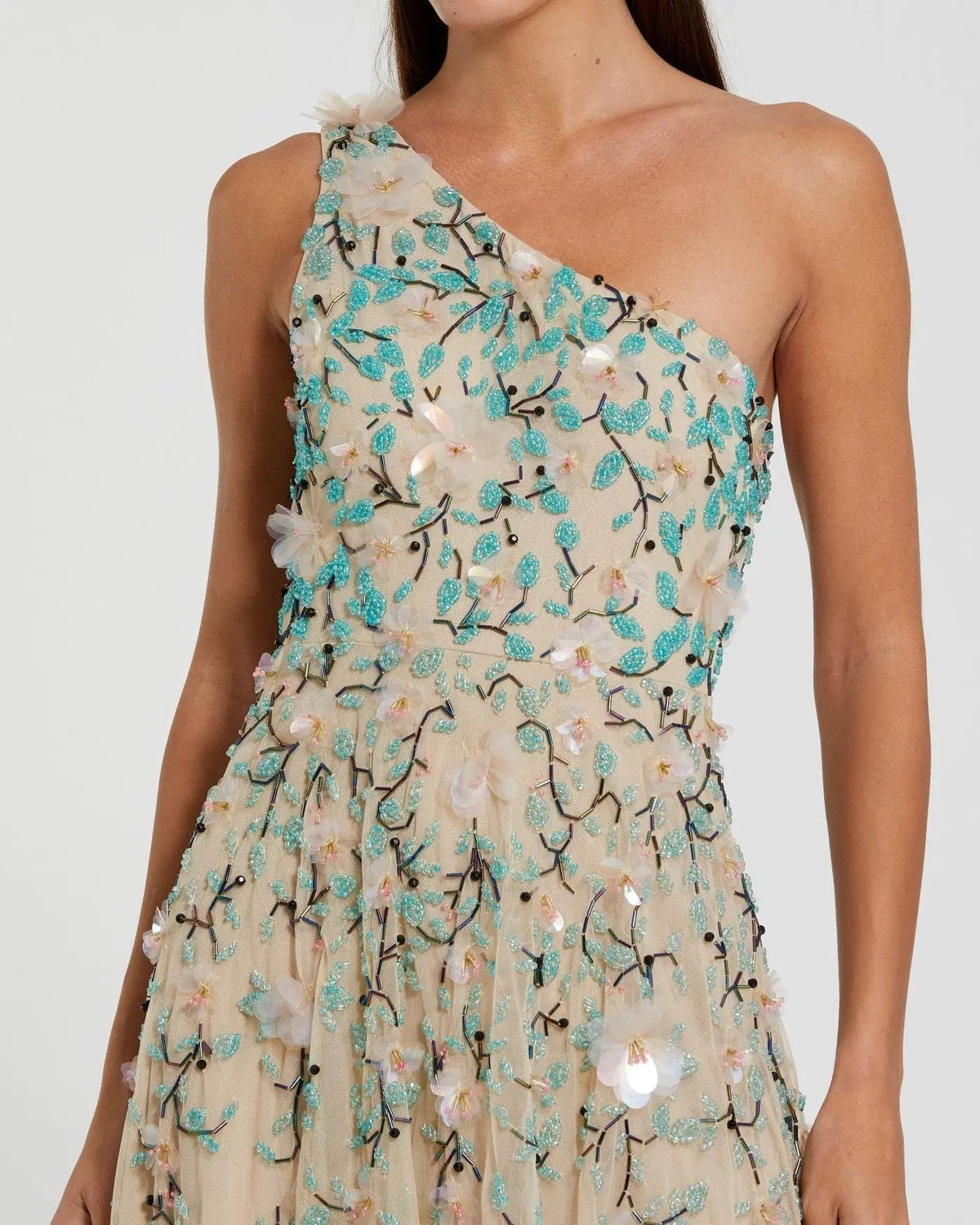 Nude Multi Floral Embellished One Shoulder Midi Dress