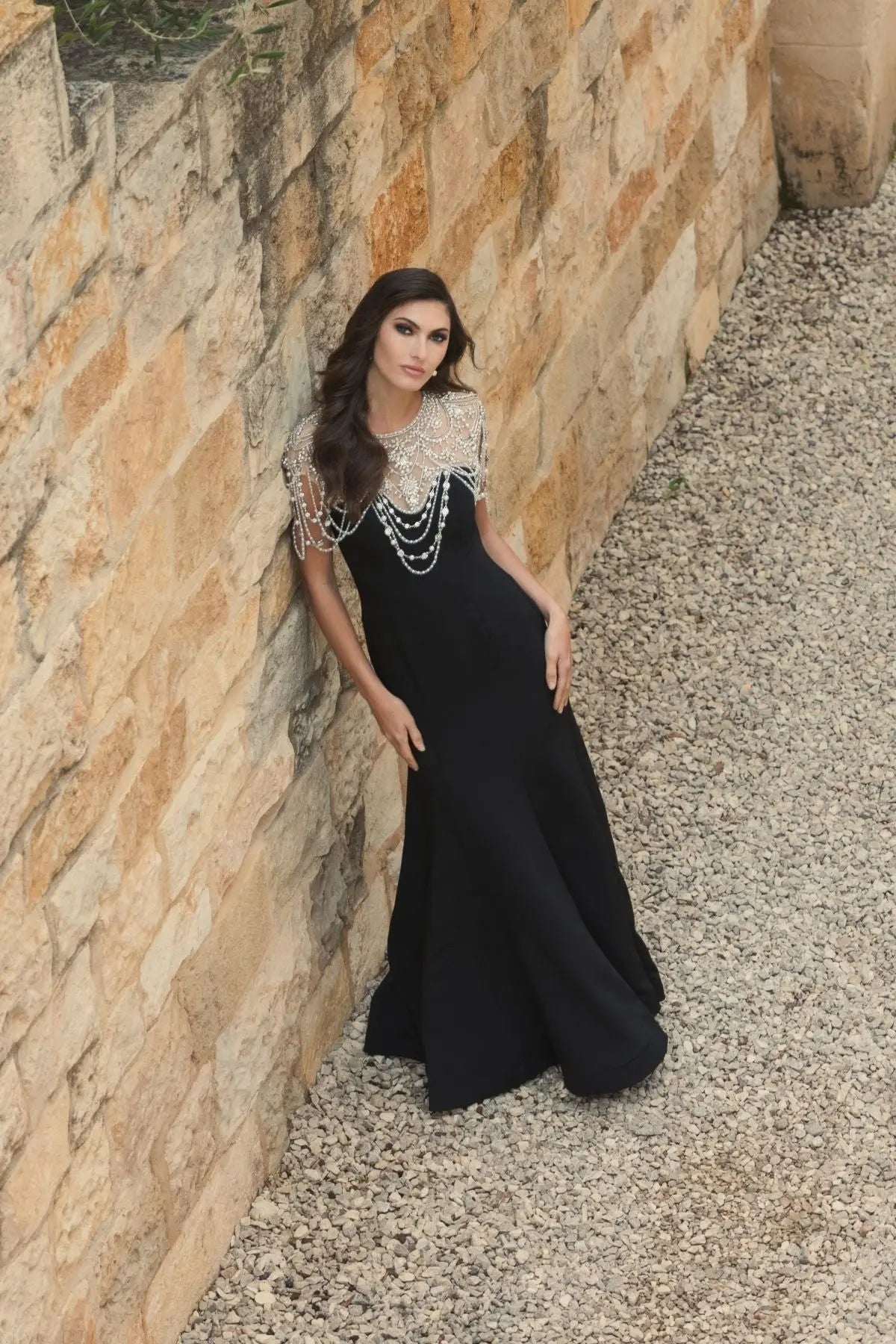 Black Draped Pearl Beaded Mermaid Gown