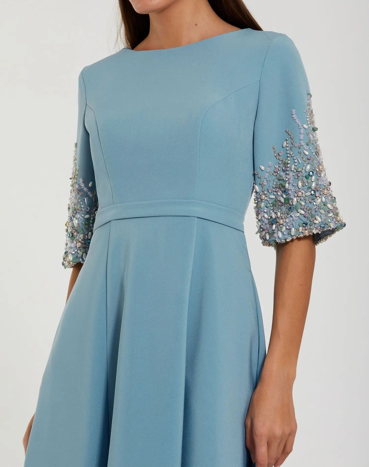 French Blue A-Line Gown With Embellished 3/4 Sleeves