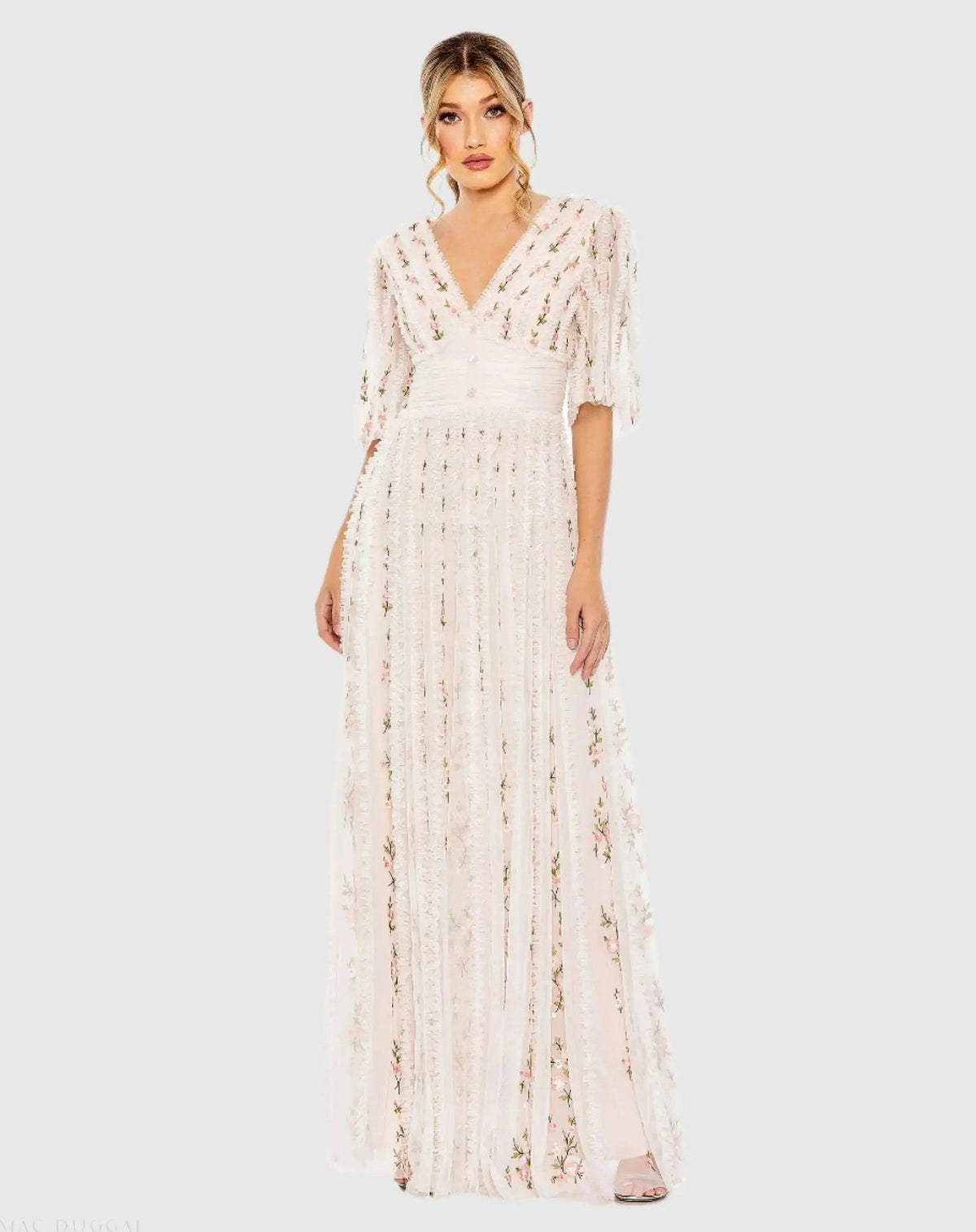 Floral V-Neck Ruffle Detail Empire Waist Gown