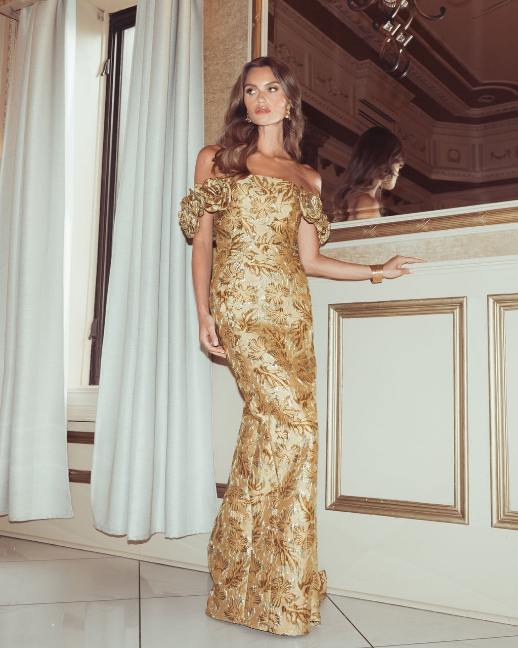 Bronze Multi Off The Shoulder Rosette Column Gown