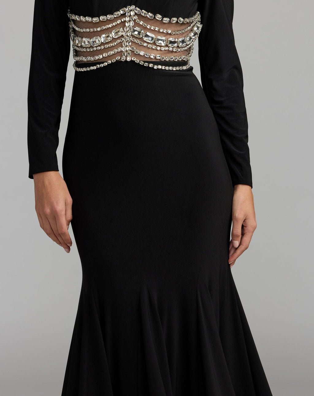 Black Long Sleeve Jersey Gown With Crystal Detail
