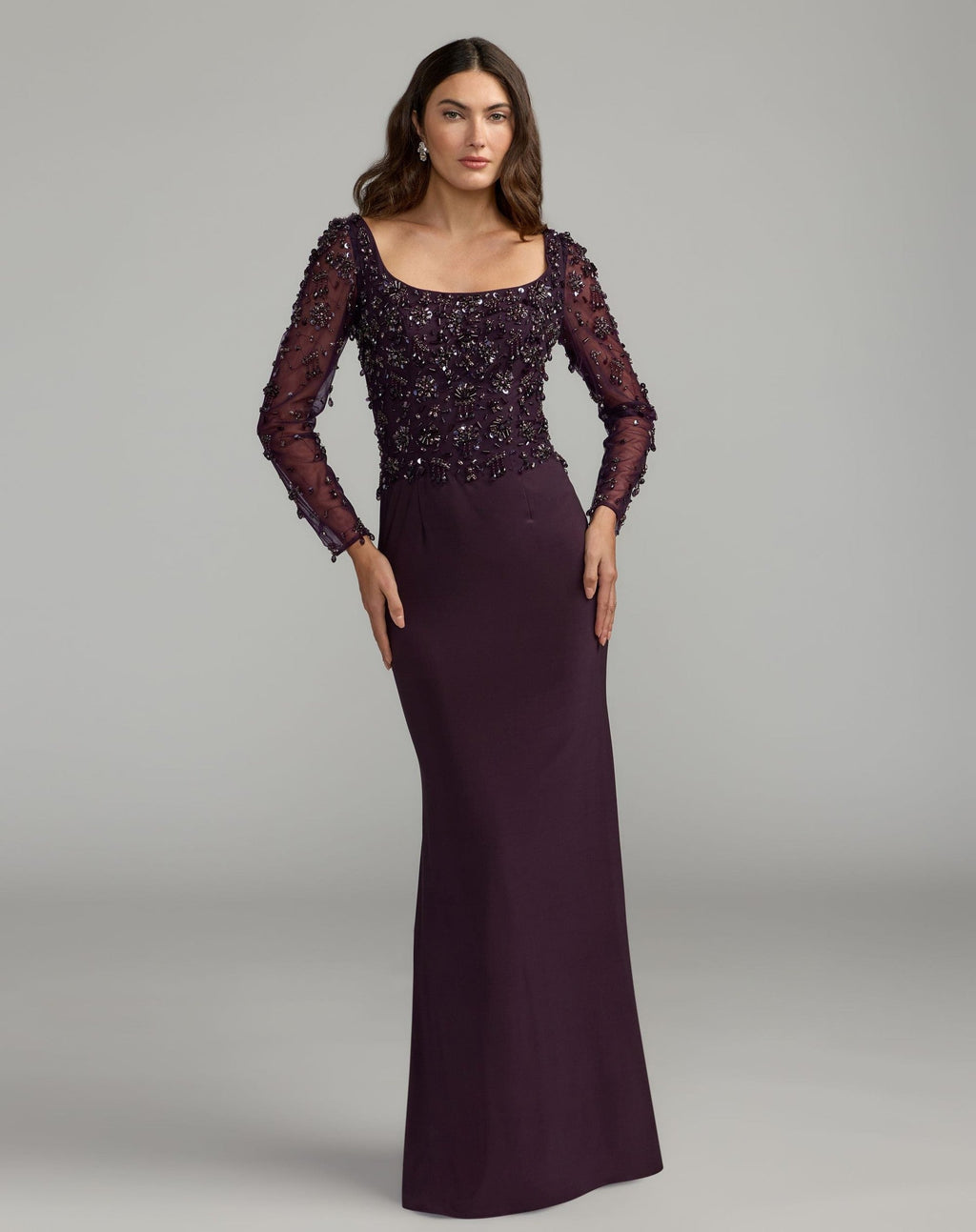 Amethyst Long Sleeve Beaded Column Gown
