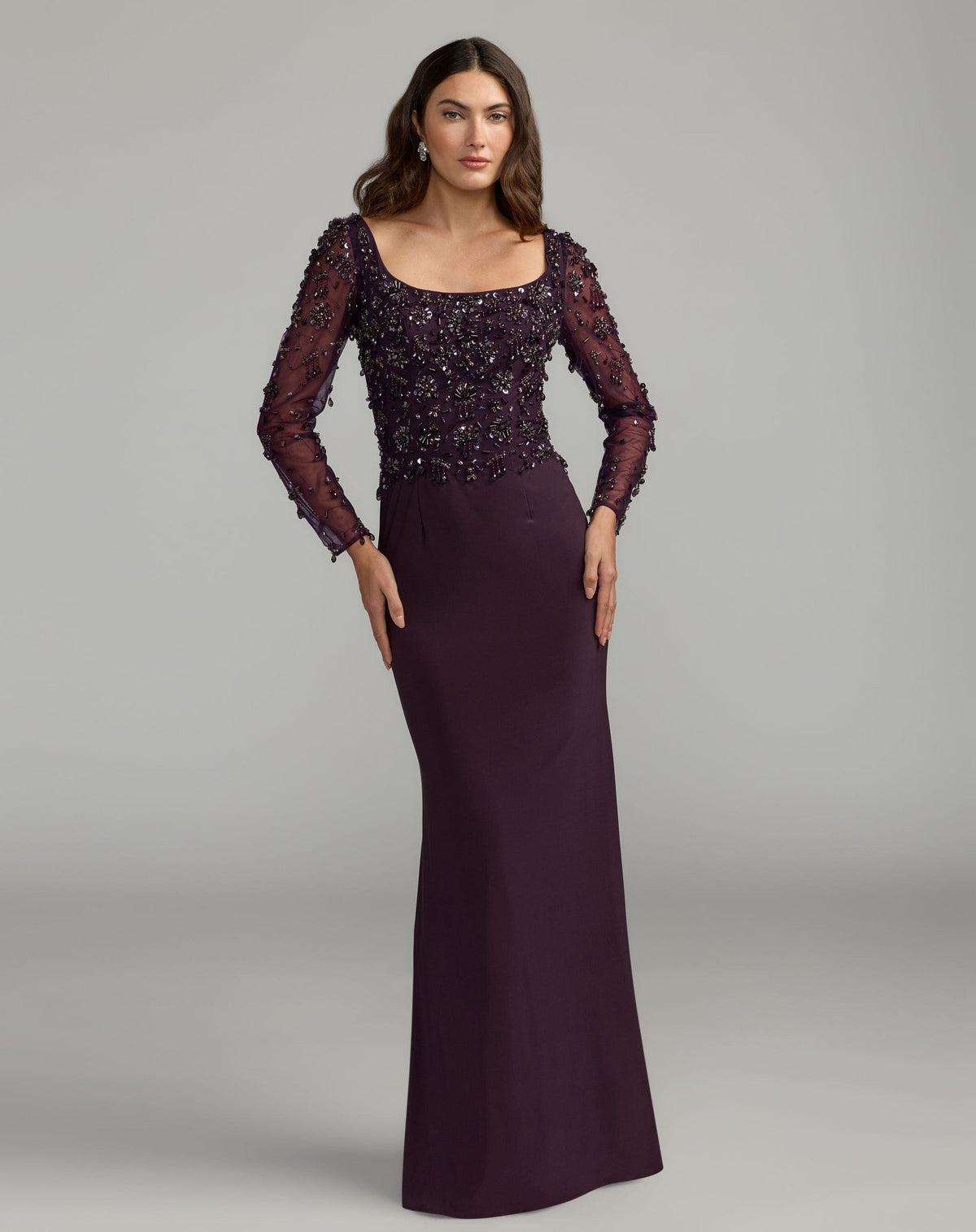 Amethyst Long Sleeve Beaded Column Gown