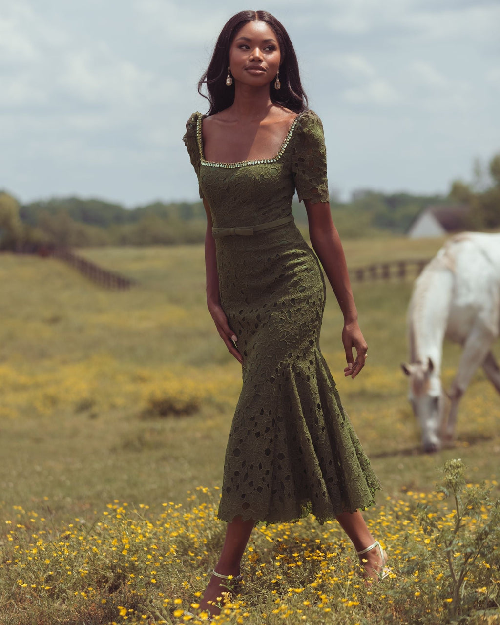 Olive Embellished Square Neck Lace Midi Dress