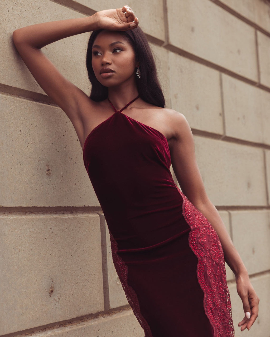 Burgundy Velvet and Lace Halter Column Gown