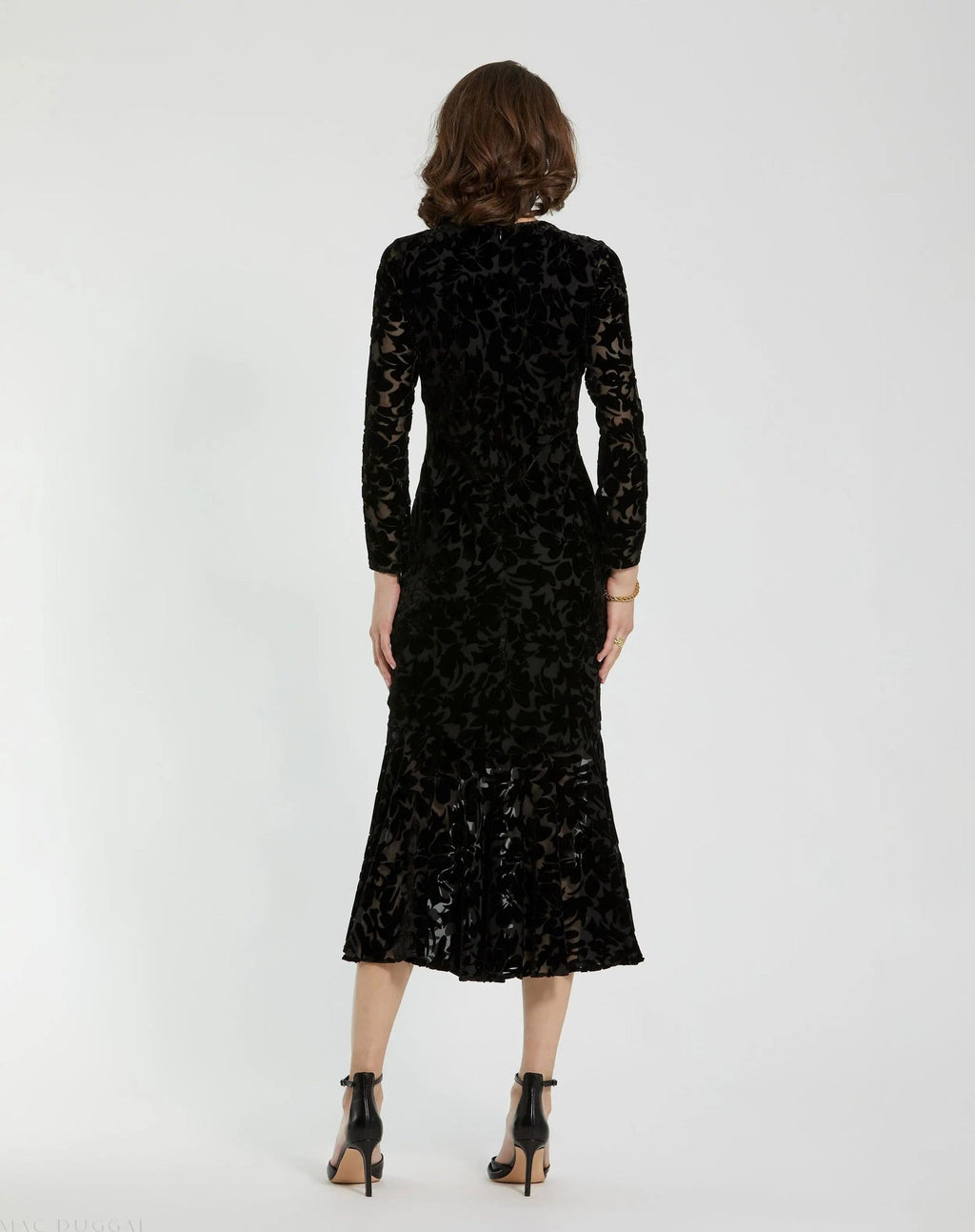 Black Burnout Velvet Long Sleeve Midi Dress
