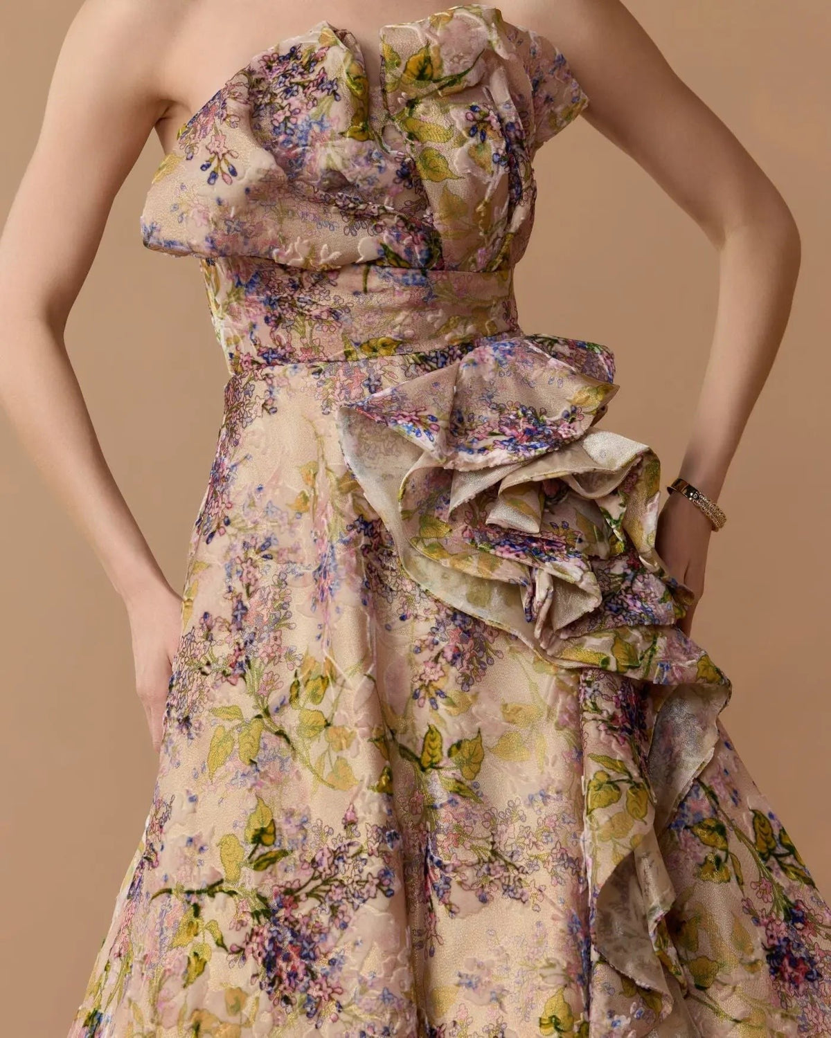 Blush Multi Strapless Floral Ball Gown With Ruffle Detail