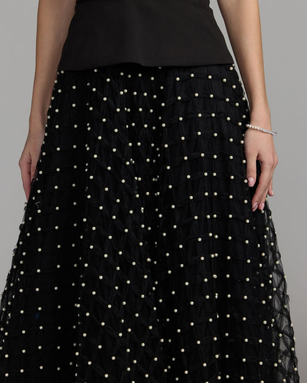 Petite Black Halter Pearl Embellished A-Line Gown