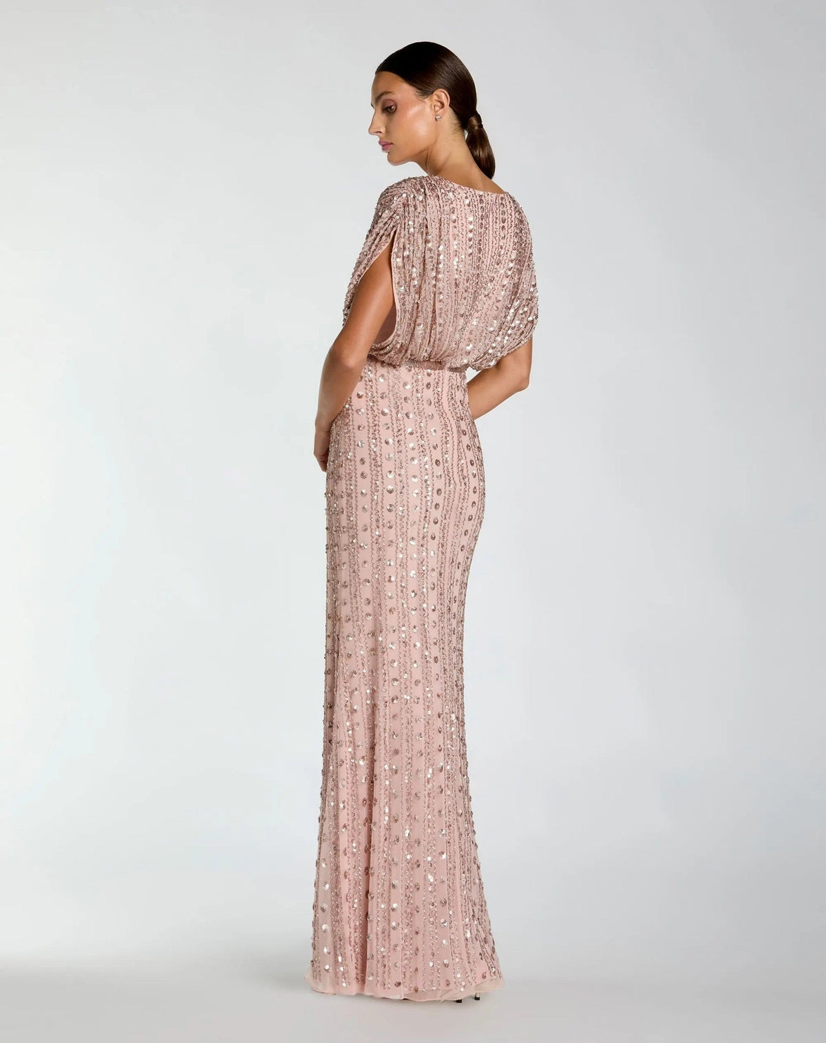 Pink Embellished Blouson V Neck Column Gown