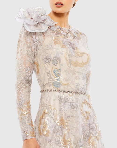 Beige Embellished Long Sleeve High Neck Rose Applique Gown