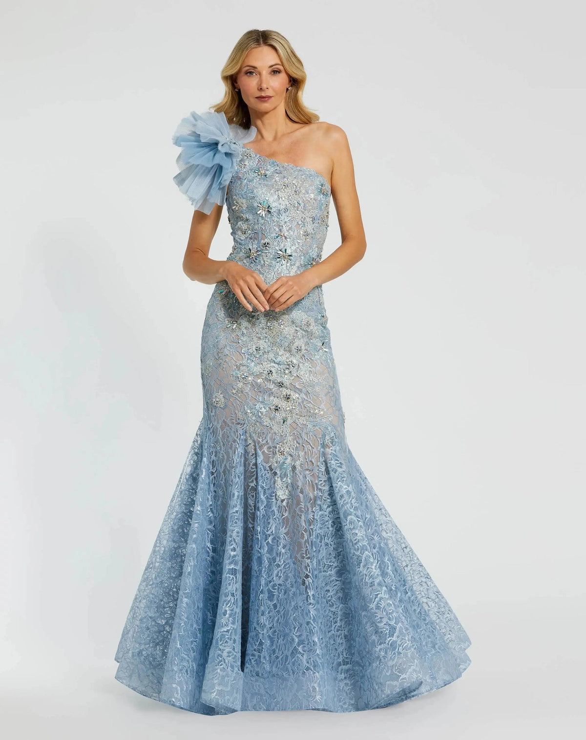 Powder Blue Sleeveless One Shoulder Embroidered Mermaid Gown