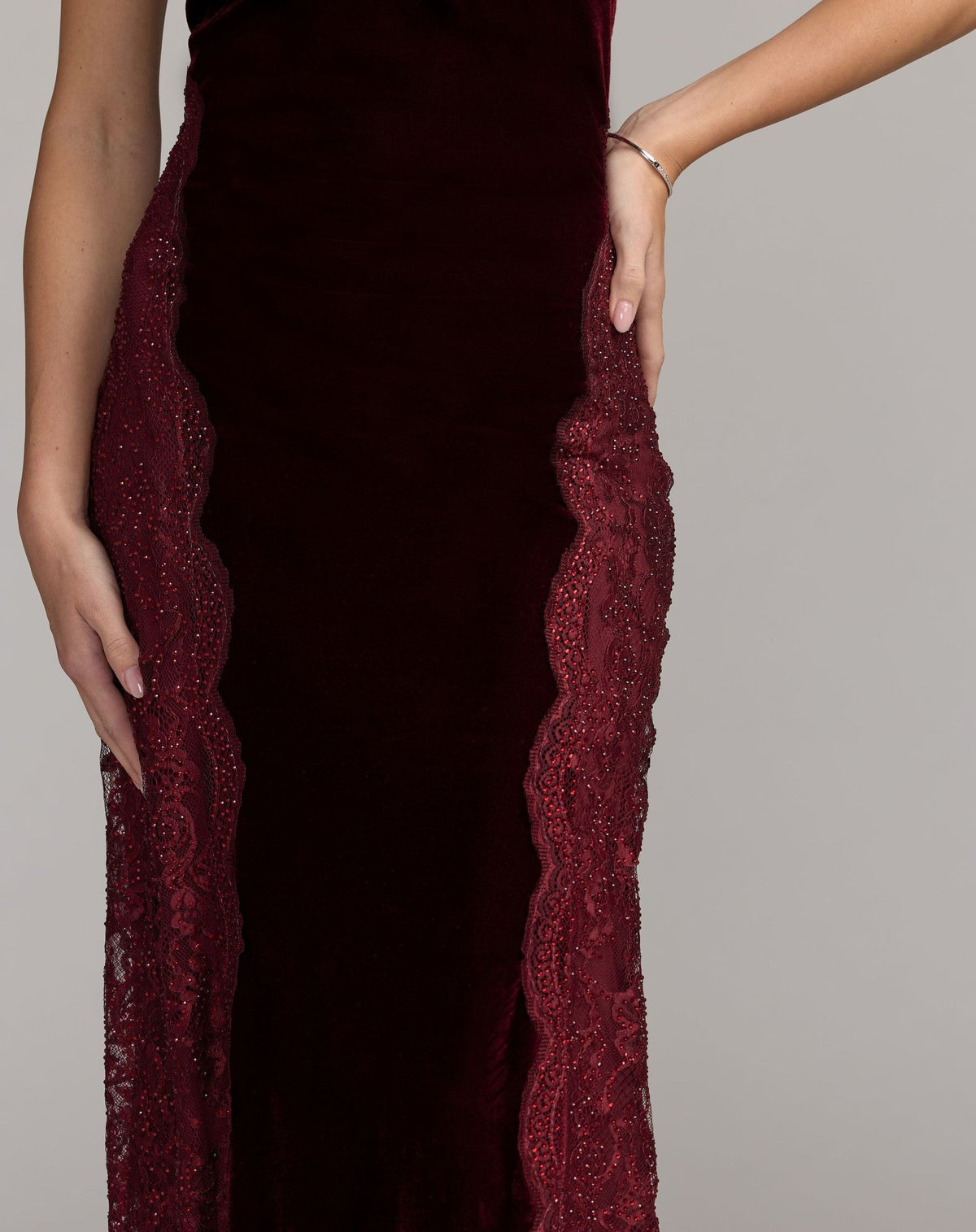 Burgundy Velvet and Lace Halter Column Gown