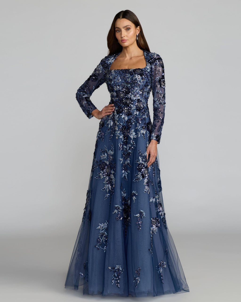 Moody Blue Embellished Floral A Line Gown