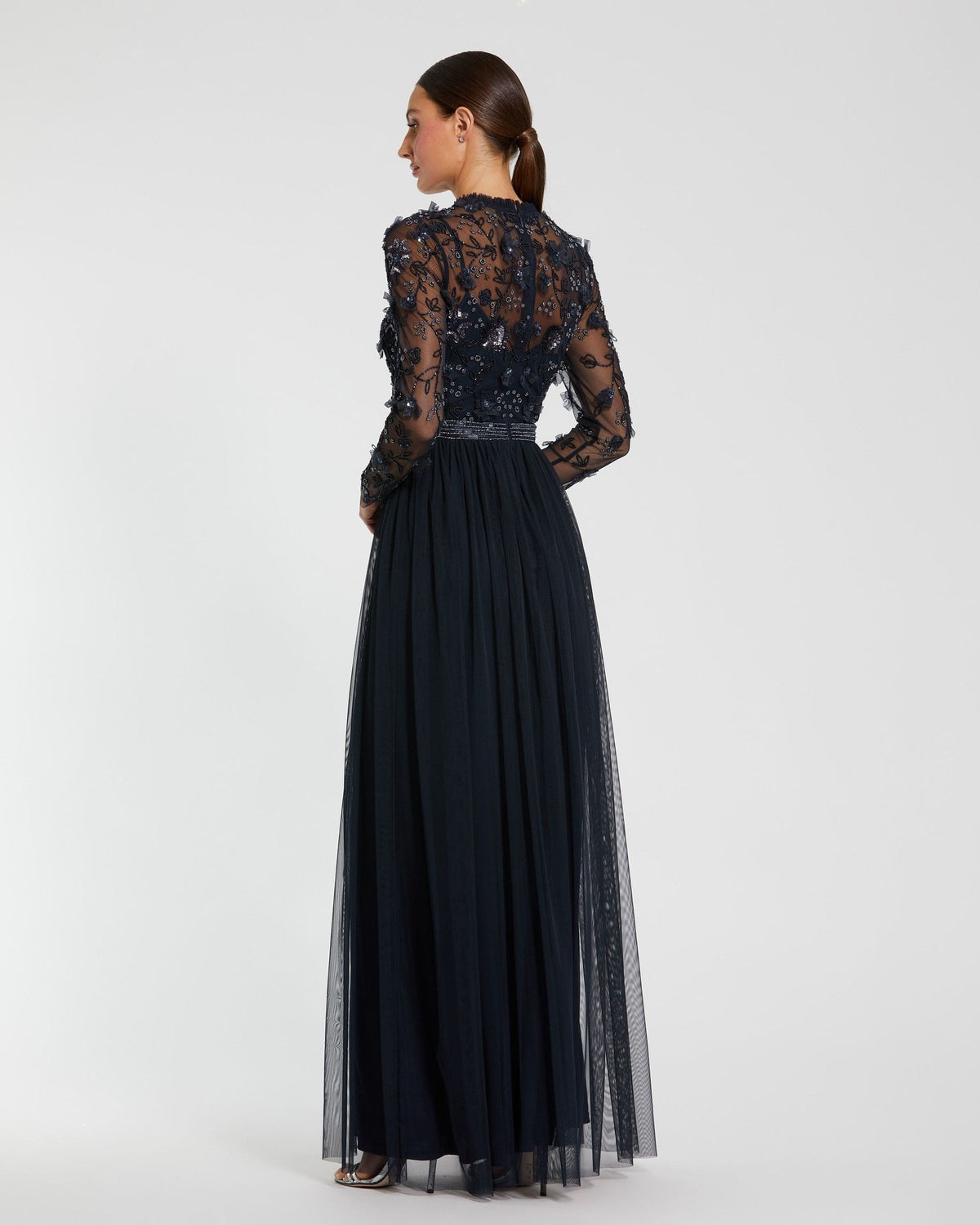 Petite Midnight Embellished Illusion High Neck Long Sleeve Gown