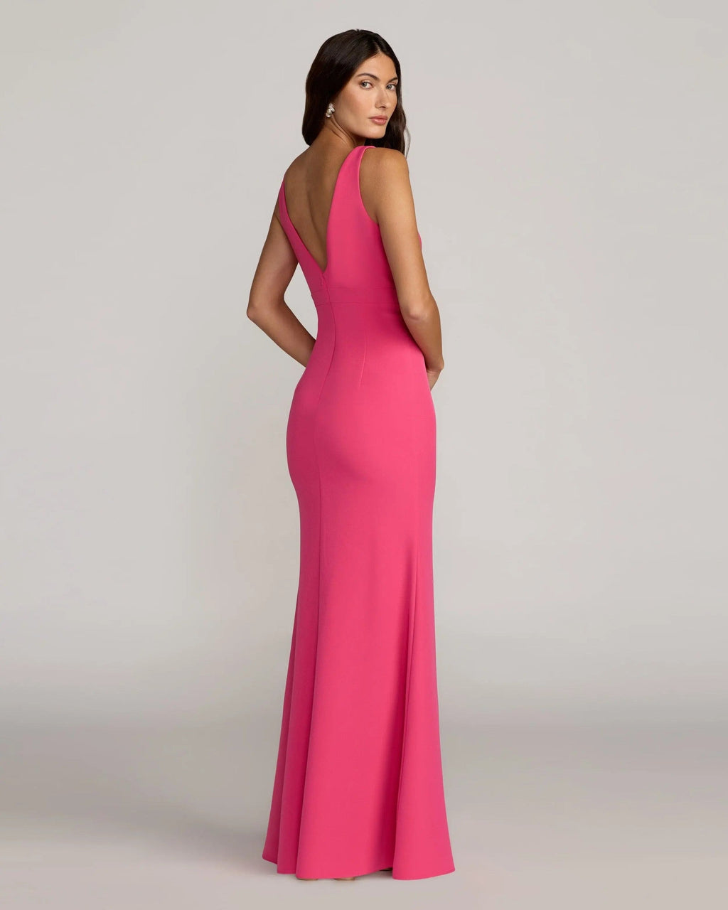 Hot Pink Crepe V-Neck Mermaid Gown with Bow