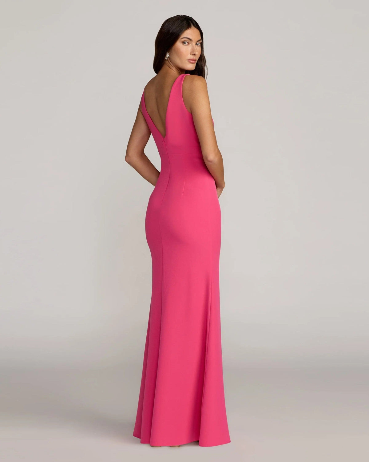 Hot Pink Crepe V-Neck Mermaid Gown with Bow