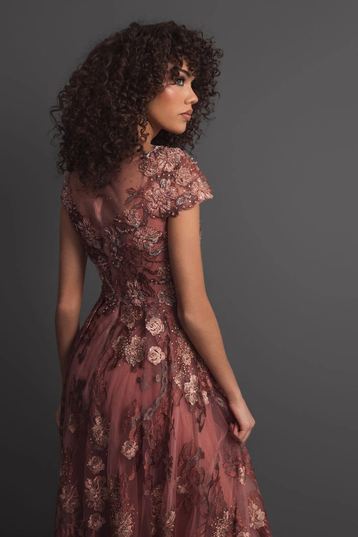 Cinnamon Floral Embroidered Cap Sleeve Evening Gown