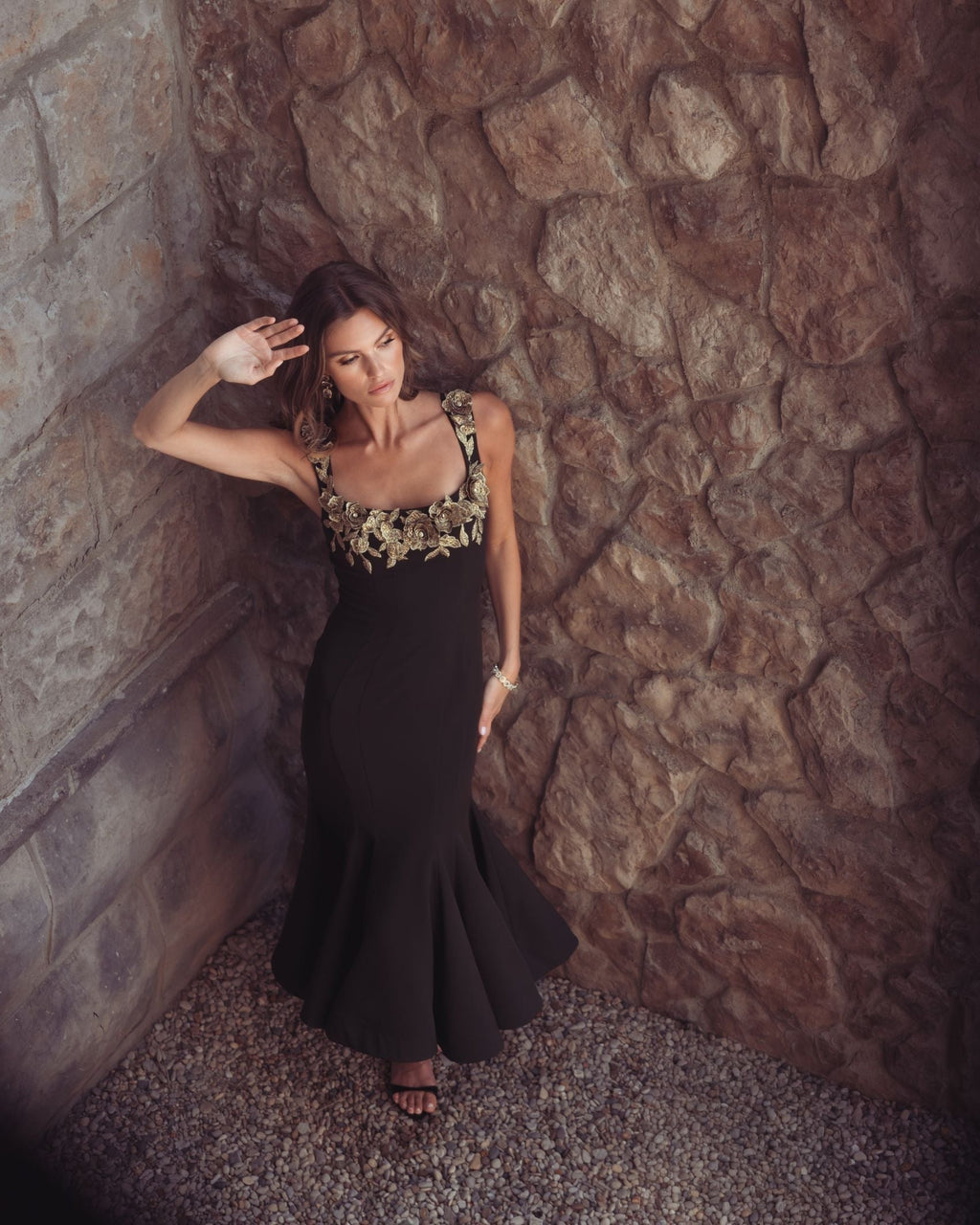 Black 3D Floral Trumpet Midi Dress