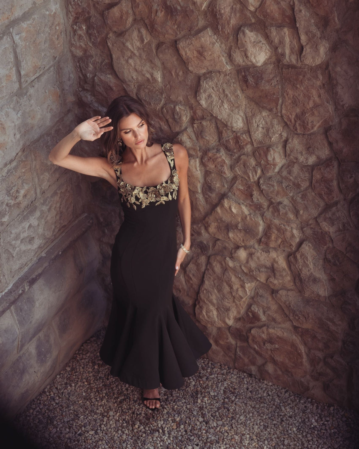 Black 3D Floral Trumpet Midi Dress