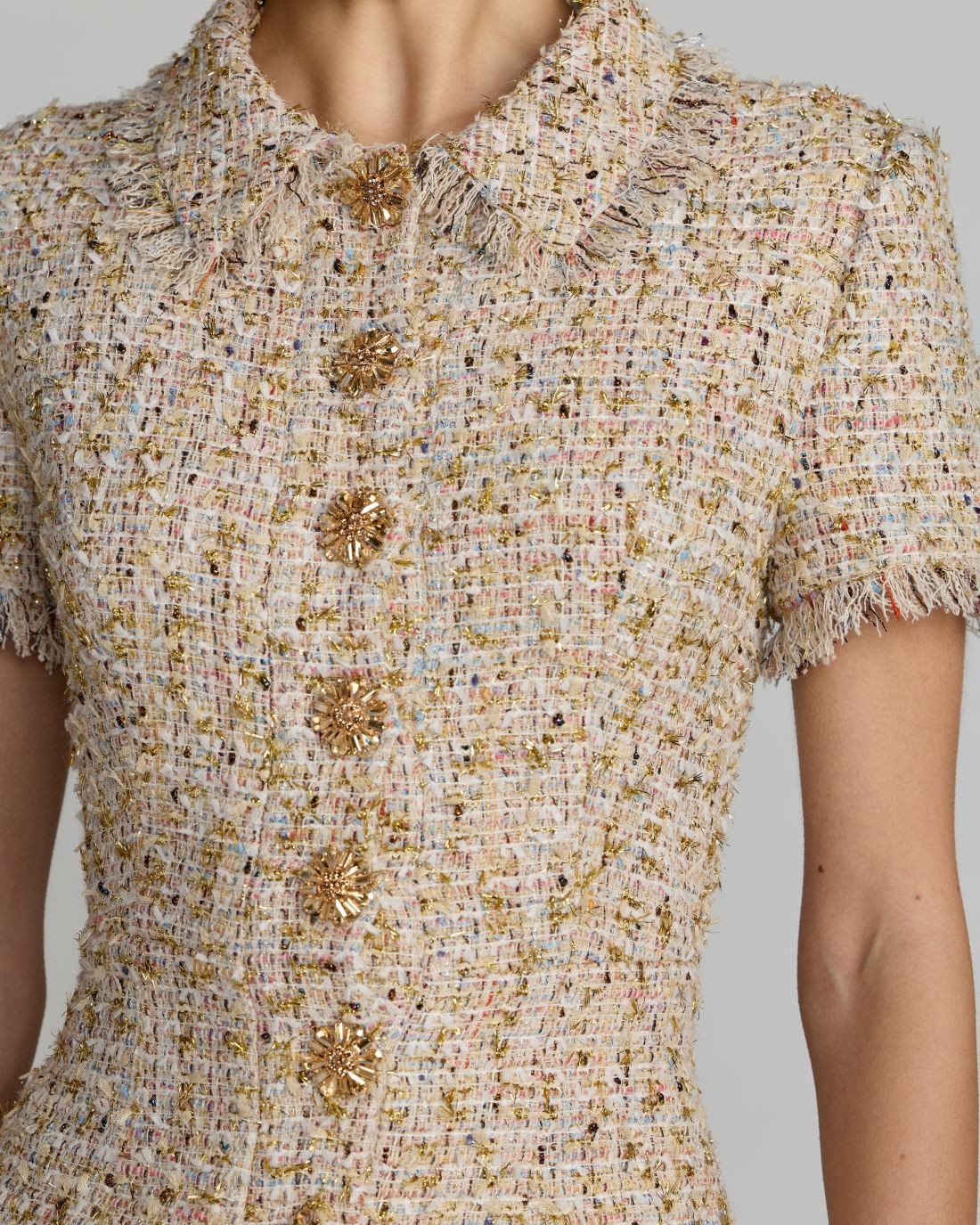 Ecru Multi Boucle Midi Dress with Rhinestone Buttons